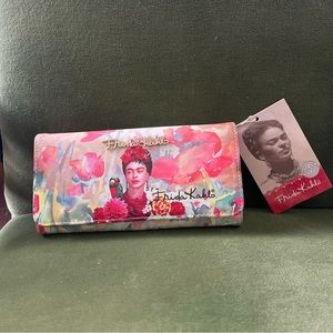 SOLD! FRIDA KAHLO Flower and Parrot Series Secretary Wallet Beige w Red Interior